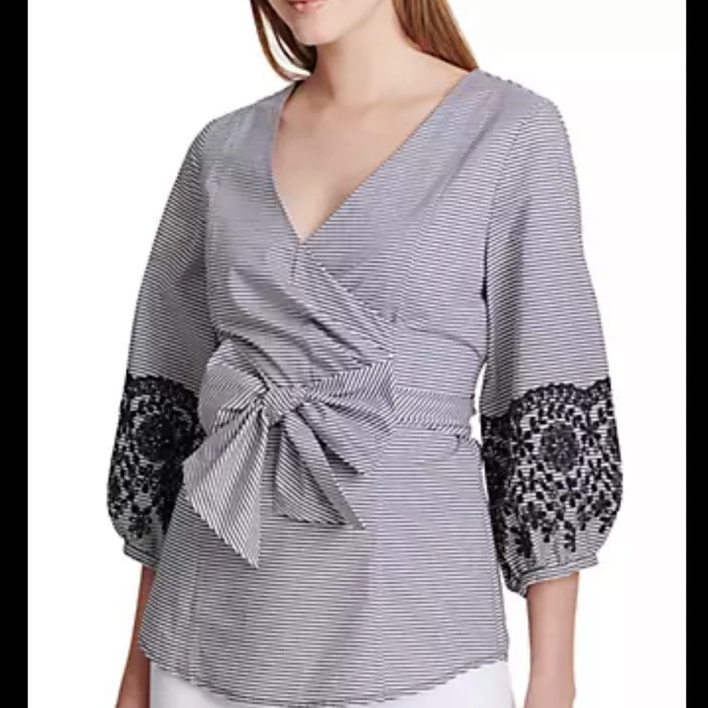 Calvin Klein| Poplin Wrap Top with Embroidered Balloon Sleeve•••+ Tie Waist - Picture 16 of 16